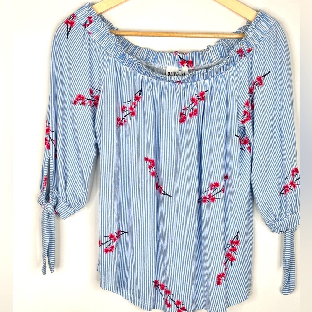 Olive Oak Blue White Striped Floral Off Shoulder Tie Sleeve Blouse Small